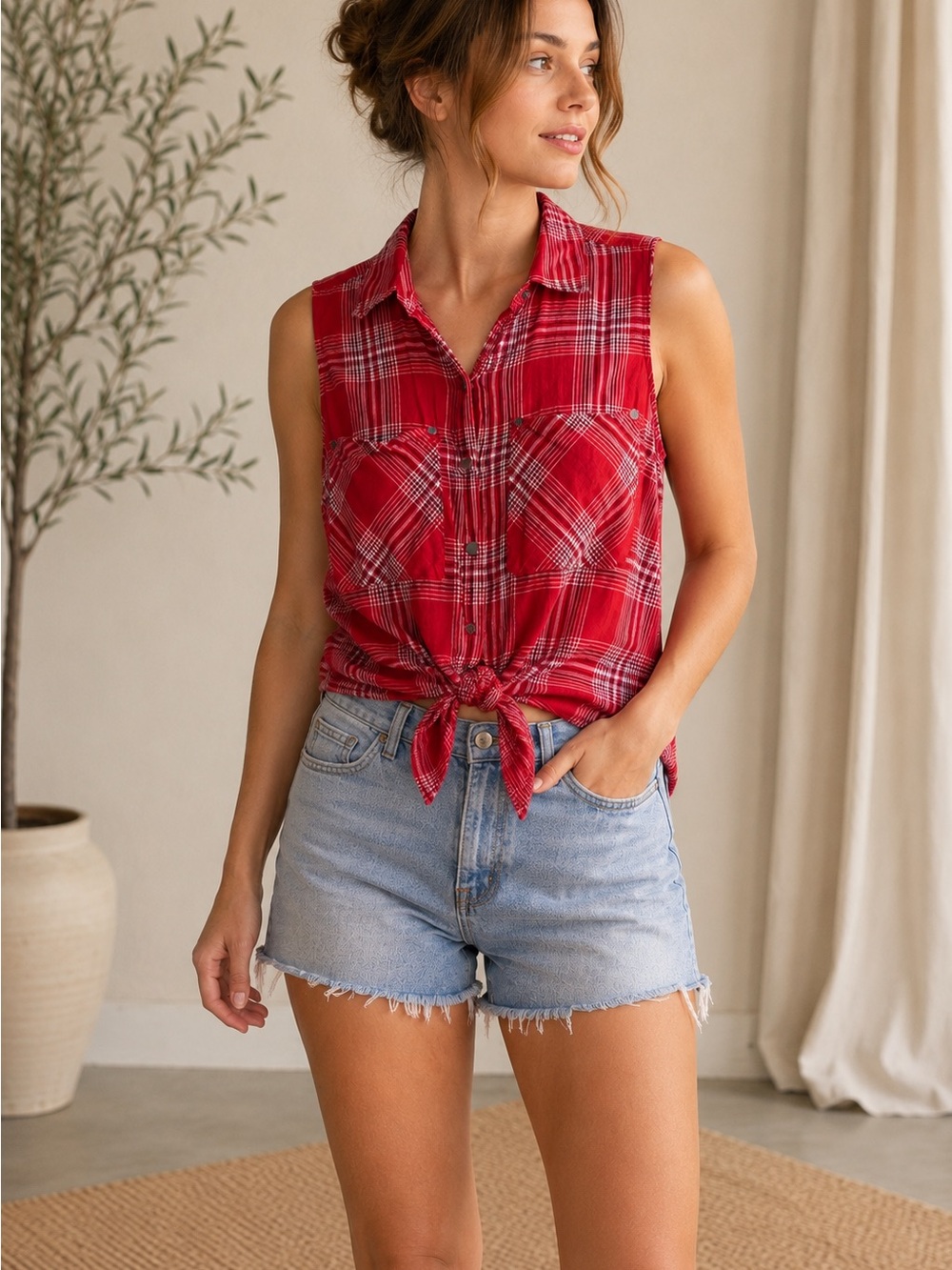 Michael Kors Red Plaid Sleeveless Button Down Cotton Lawn Top Lightweight 4